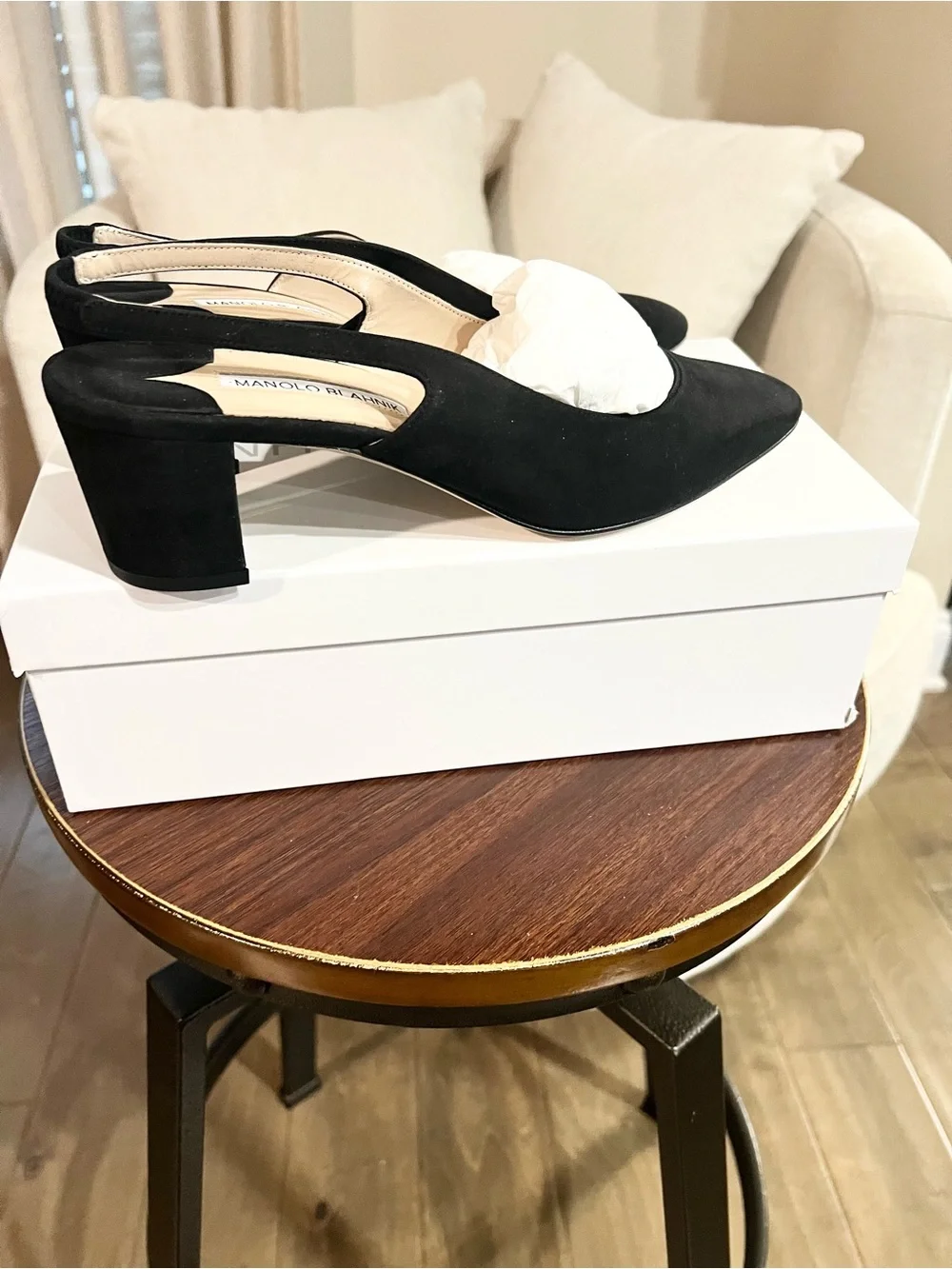 Manolo Blahnik Black Suede Pointed-Toe Slingback Pumps, size 39, New-in-box